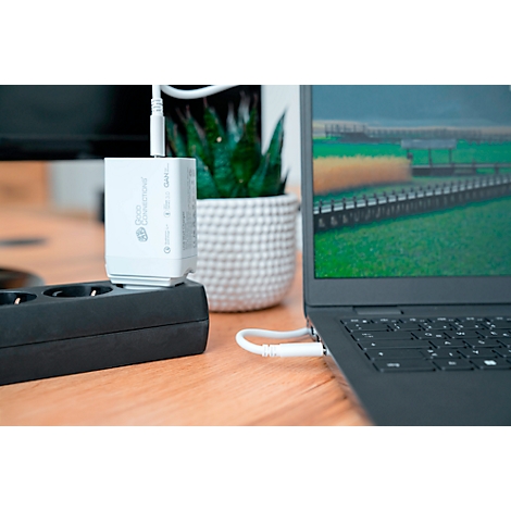 Un chargeur blanc est branché sur une multiprise et connecté à un ordinateur portable. En arrière-plan, une plante d'intérieur et un écran.