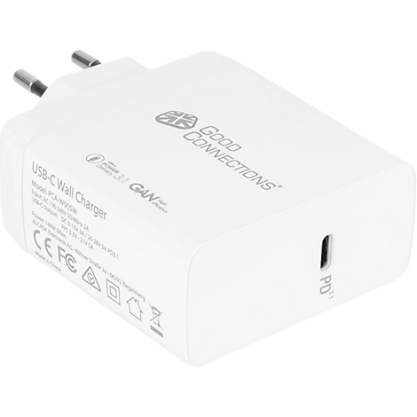 Chargeur mural USB-C blanc de Good Connections avec logo, texte et prises.