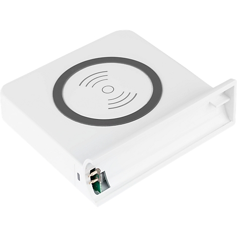 Chargeur sans fil, blanc, avec marquage gris. Le rabat ouvert montre une carte de circuit imprimé verte.