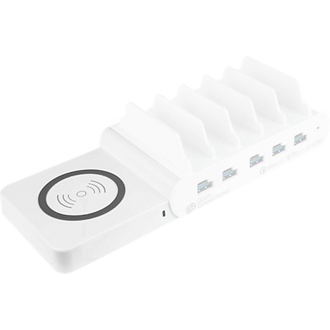 Station de charge blanc pour plusieurs appareils avec chargement sans fil.