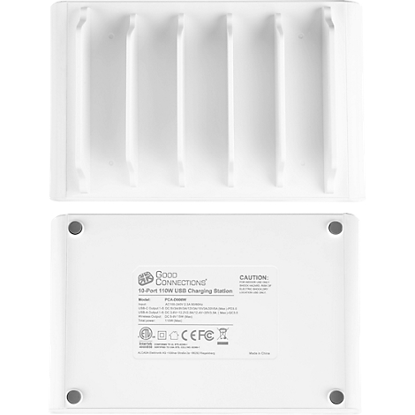 Station de recharge USB blanc avec quatre colonnes. Vue de dessus montrant le dessus du station de recharge, le dessous montrant le bas avec du texte.