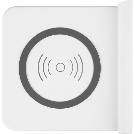 Chargeur carré blanc avec un cercle gris au centre, avec un symbole d'ondes radio.