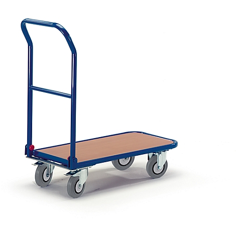 Un chariot bleu avec une plateforme en bois et quatre roues, sur fond blanc.