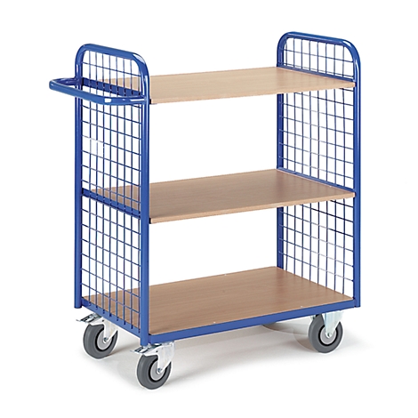 Chariot de service bleu avec trois étagères en bois et des côtés grillagés, debout sur des roues.