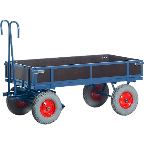 Chariot bleu avec une zone de chargement noire et des roues rouges.