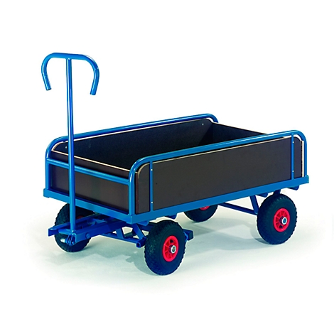Chariot bleu avec quatre roues et une jante rouge sur fond blanc.