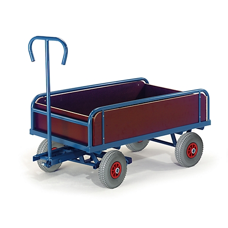 Un chariot de transport bleu avec quatre roues et une zone de chargement rouge, sur fond blanc.