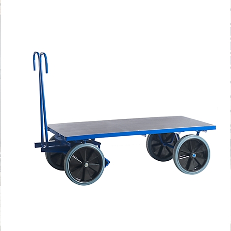 Un chariot plate-forme bleu avec quatre roues, une table de chargement grise et une poignée.
