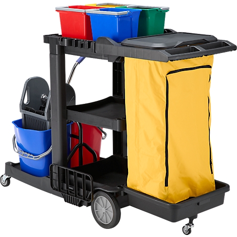 Chariot de nettoyage noir avec seaux, poubelles et sac jaune.
