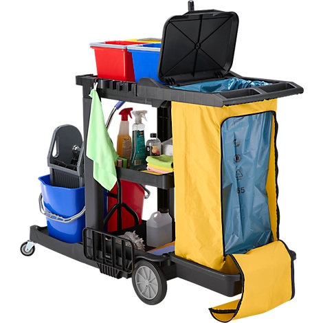 Chariot de nettoyage noir avec seaux, bouteilles et sacs poubelles jaunes.