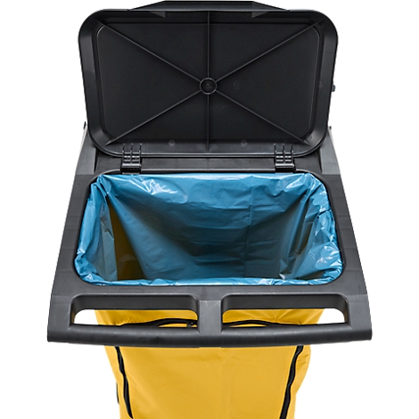 Poubelle ouverte, avec sac poubelle bleu, couvercle noir et conteneur jaune.
