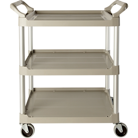 Chariot de service beige à trois niveaux, poignées et roulettes.
