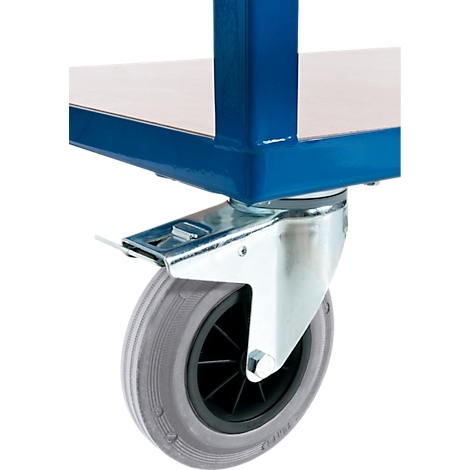 Gros plan d'un chariot avec un cadre bleu et une roue grise. La roue est partiellement masquée.