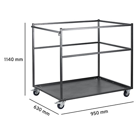 Chariot de service noir avec roues, détails de hauteur et de largeur. Les dimensions sont: 1140mm x 630mm x 950mm.