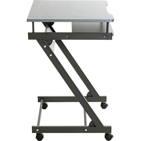 Table d'appoint avec plateau gris et cadre en forme de Z noir sur roulettes.