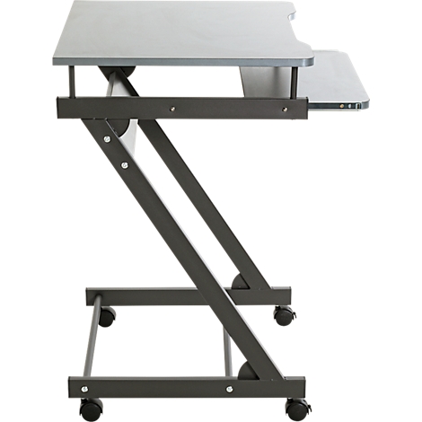 Bureau avec plateau gris et structure métallique noir-gris sur roulettes.