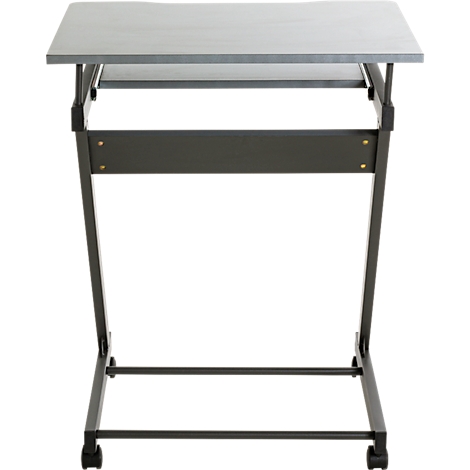 Une table debout mobile avec un plateau gris moucheté et un cadre noir. Roues aux pieds.