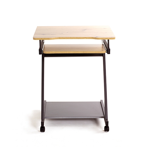 Table d'appoint avec plateau en bois clair et cadre en métal sur roulettes.