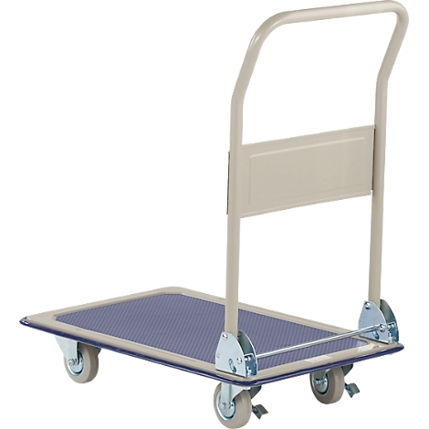 Chariot de transport gris clair, surface de chargement plate avec motif bleu, poignée et quatre roues.