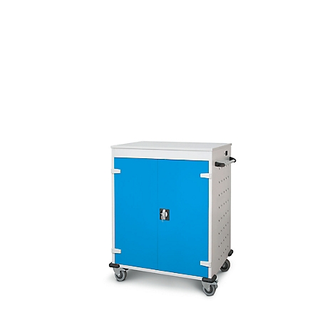 Armoire bleue sur roulettes; cadre et couvercle gris, poignées noires.