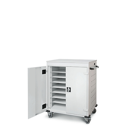 Armoire blanche avec porte ouverte et étagères. Elle a des roues et des poignées noires.