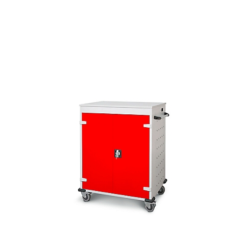 Valise avec portes rouges et côtés gris sur roulettes. Une poignée et une serrure sont visibles sur la valise.