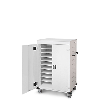 Chariot blanc avec porte ouverte, vue intérieure avec étagères.