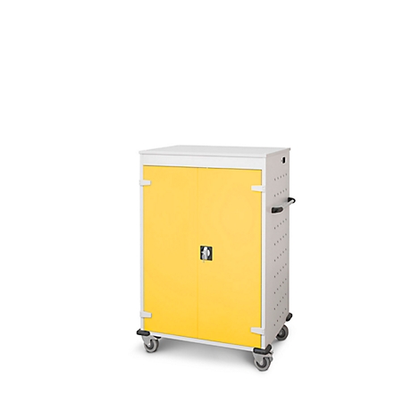 Armoire jaune à deux portes, couvercle blanc et roues. Il y a une poignée en dessous.