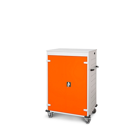 Un meuble mobile blanc et orange sur roulettes, avec des poignées et une serrure.