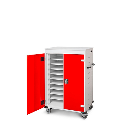 Chariot roulant blanc avec porte rouge, révélant des étagères contenant des appareils. Porte gauche ouverte.