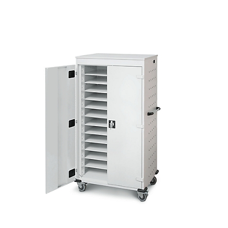 Armoire blanche avec porte ouverte, roues et étagères.