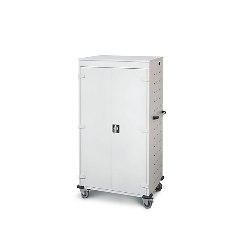 Armoire blanche sur roulettes, avec portes et poignées. Motif de trous sur le côté.