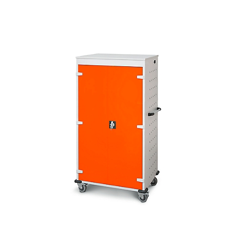 Un meuble mobile avec une porte orange et des roulettes sur fond blanc.