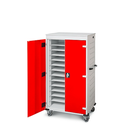 Une armoire blanche avec des portes rouges, dont une ouverte. À l'intérieur se trouvent de nombreuses étagères claires, sur roulettes.