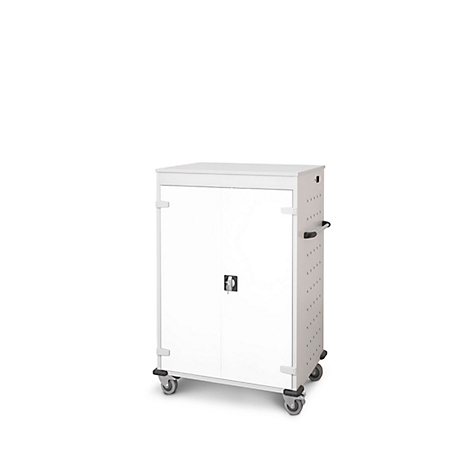 Armoire blanche avec deux portes et roulettes sur fond blanc.