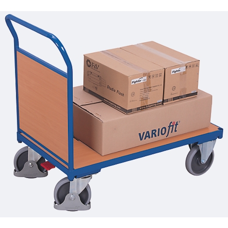 Chariot de transport bleu avec surface de chargement marron et boîtes. Une boîte indique 'VARIOfit'.