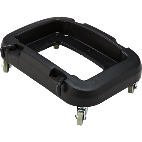 Base de transport en plastique noir avec quatre roues, de forme rectangulaire. Idéale pour le transport.