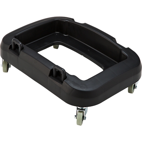 Plate-forme en plastique noir rectangulaire avec roulettes. Des poignées sont fixées sur les côtés.