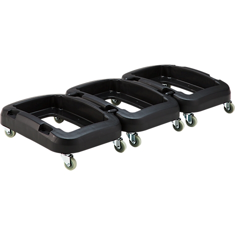 Trois transporteurs noirs sur roues, emboîtés les uns dans les autres.