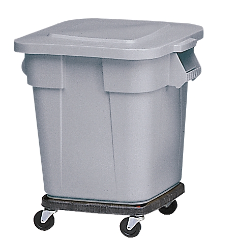 Gray trash can with lid and wheels. Rectangular container with handle and lid, on a rolling board with four wheels.
