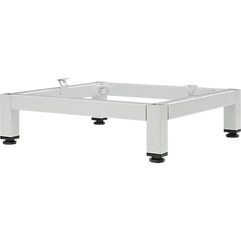 Cadre métallique gris clair avec quatre pieds et des pieds noirs. Un support est fixé en haut.