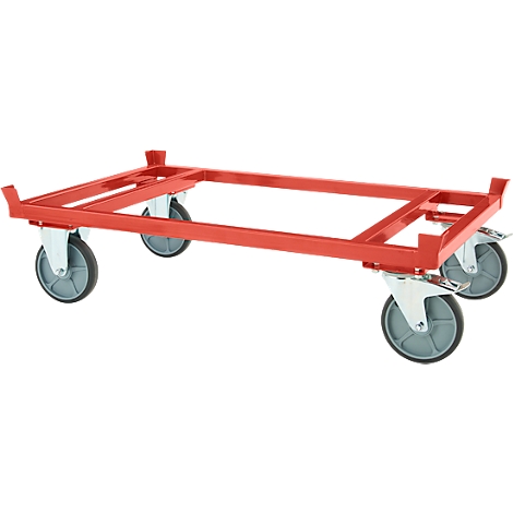 Chariot de transport rectangulaire rouge en métal avec quatre roues grises sur fond blanc.