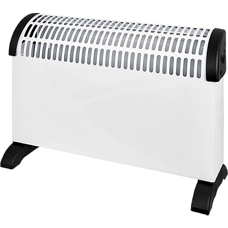 Radiateur blanc avec grille noire et pieds. L'appareil est représenté sur fond blanc.