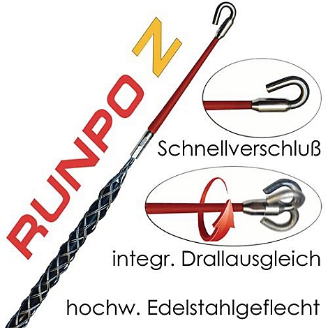Câble métallique avec crochet et fermeture rapide. L'encart montre les détails et les indications : fermeture rapide, comp. torsion intégrée, tresse en acier inoxydable de haute qualité.