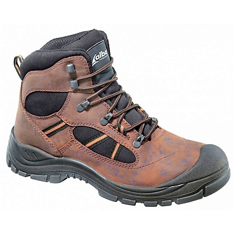 Chaussure de travail marron avec semelle noire, lacets, renfort et logo.