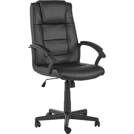 Schwarzer Bürostuhl mit hoher Rückenlehne, Armlehnen und Rollen. Sitz und Rücken gepolstert.