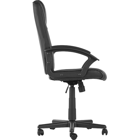 Schwarzer Bürostuhl von der Seite. Hohe Rückenlehne, Armlehnen und Rollen.