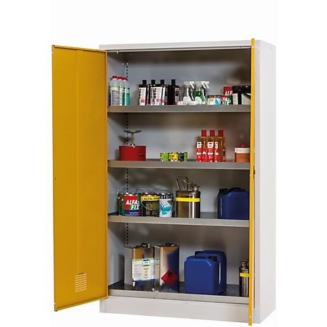 Open, yellow-white safety cabinet with various chemicals. The shelves are filled with cans, bottles and containers.