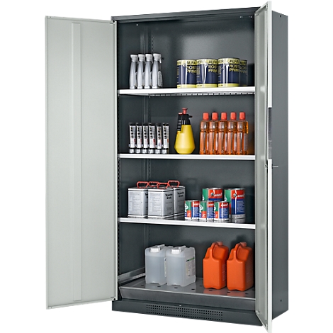 Gray steel cabinet with open doors. Interior shelves with various bottles, canisters, and spray cans.
