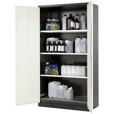 An open grey cabinet with shelves and containers of chemicals.